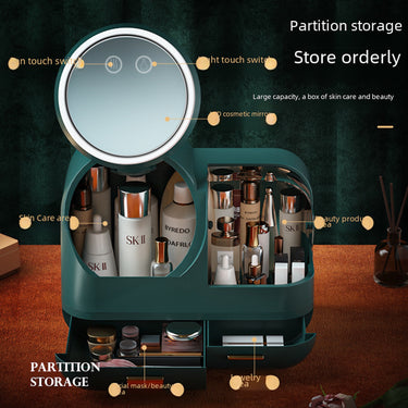 LED Makeup Organizer – 360° Mirror, Dust Cover & USB Soft Wind Tech